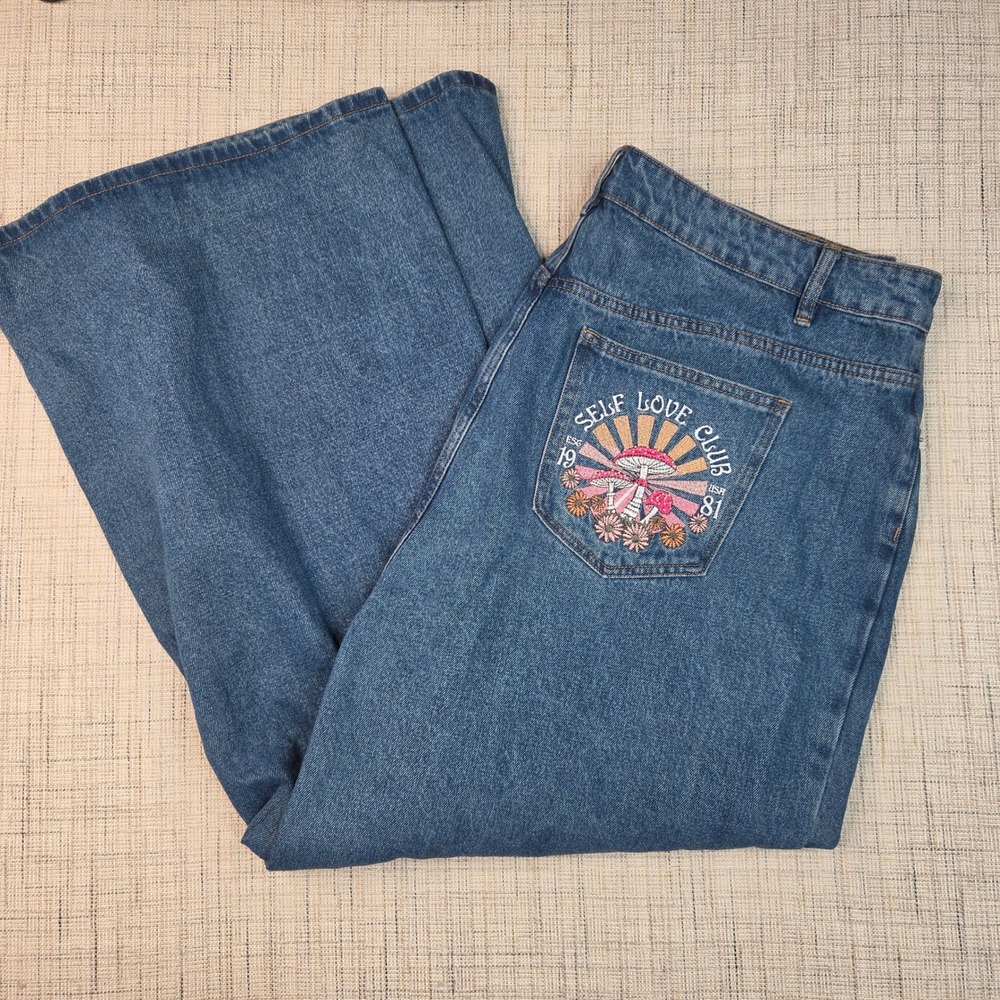 Cider Women Blue Wide Leg Jeans Self Love Club Mushroom Embroidered 2XL NWT - Picture 7 of 7